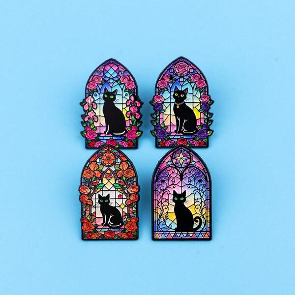 1pc Colorful Window Black Cat Brooch, Unique Enamel Lapel Pin - Cute Badge For Backpacks And Clothes