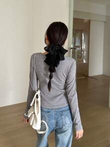 女款可愛長袖蝴蝶結裝飾蕾絲拼接 2-in-1 上衣，適合情人節、春/夏季 - 灰色 - 查看 6