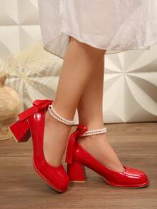 Women's High Heels, Round Toe, Thick Heel, Pearl Buckle, Bow At The Back Of The Shoe, Solid Color Design, Simple Style, Elegant And Unique, Gorgeous And Comfortable, Suitable For Attending Dances, Banquets, And Daily Commuting. - Đỏ - Xem 2