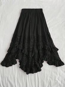 Rusttydustty 女士黑色蕾丝拼接荷叶边中长裙，优雅复古不对称下摆，波西米亚风，适合复活节海滩装扮、夏威夷音乐节和热带度假。 - 黑色 - 查看 2