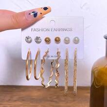 Set de 6 pares de pendientes de aro anchos con forma de Torre Eiffel, corazón y ola, estilo europeo y americano exagerado