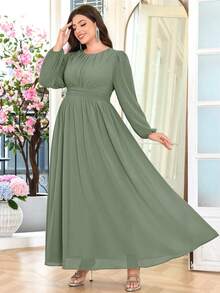 Volly Toych Elegant A-Line Maxi Chiffon Dress With Round Neck And Long Sleeves, Suitable For Bridesmaid, Wedding Guest, Unlined Sleeves, Plus Size, Autumn - Eucalyptus - View 1