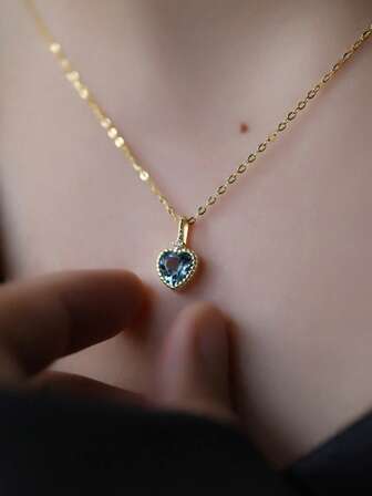 1pc Women's Jewelry 925 Sterling Silver Necklace With Topaz & Aquamarine Pendant, Elegant Mini Silver Necklace, Ocean Heart Design, Suitable For Daily Wear