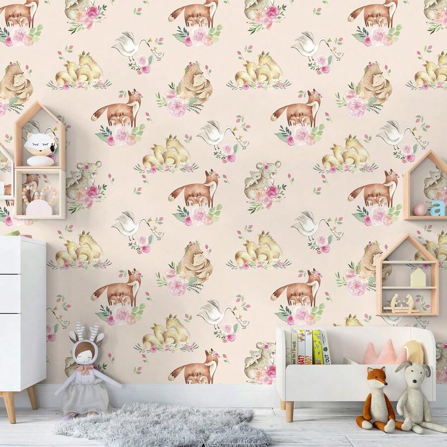 Pink Watercolor Wallpaper With Animals And Flowers | Romantic And Soft Decor For Baby Girl's Room - 彩色 - 查看 1