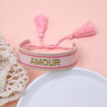 1 buah Gelang Bordir Buatan Tangan Gaya Vintage Kreatif Prancis "AMOUR", Cocok untuk Pasangan, Hadiah Liburan, Tali Berkat - Berwarna merah muda - View 5