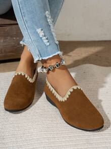 Mocasines de tacón bajo con ribete de punto para mujeres, de punta redonda, con suela suave, cómodos y casuales