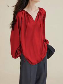 Elegant Women's Shirt, Loose V-Neck Faux Silk Satin Shirt, Balloon Sleeves And Ruched - Rojo - Ver 3