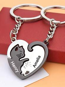 Personalized Pair Of Black And White Cat Keychains, Cat Design Heart-Shaped Separate Matching Keychain Set, Customized 2 Name Heart Cat Keychains, Couple Name Jewelry, Unique Birthday, Anniversary, Christmas Gift For Best Friends, Couples, Partners - Multicolor - View 6