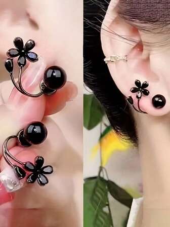1 Pair Vintage Black Hyacinth Stud Earrings, Decorated With Rhinestones - Zinc Alloy, Fashion Jewelry For All Seasons, Suitable For Women's Daily Wear Or Vacation, Floral Earrings With Rhinestone Decor