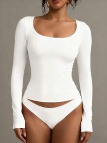 XLLAIS Plain Long Sleeve Casual White Top, Women's Scoop Neck T-Shirt, Suitable For Back To School Season, Autumn/Winter, Valentine's Day - White - View 11