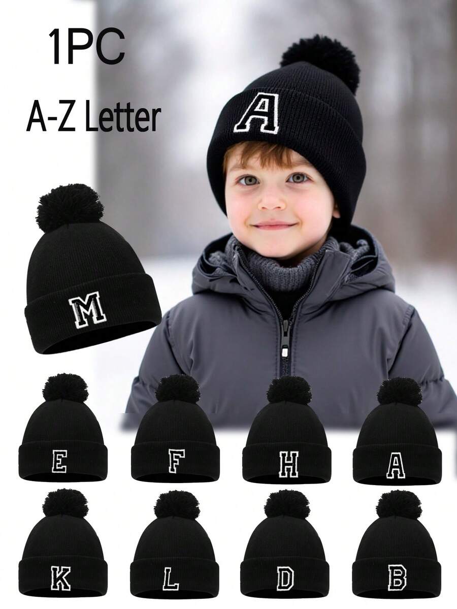 1pc Knit Hat With Pom Pom, Suitable For Baby Boys, Baby Girls, Children, Minimalist Style Winter Warm Hat, Suitable For Outdoor Activities And Daily Commute - Black 2 - View 1