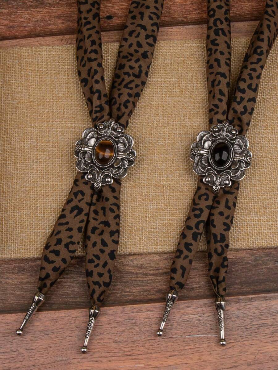 1pc Exclusive High-End Bolo Tie, Leopard Print Silk Scarf, Long Sweater Chain, Tiger Eye Stone Rhinestone Alloy Pendant Necklace