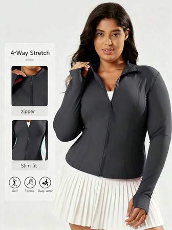 1pc Women Plus Size Sports Jacket, Long Sleeve Stand Collar Tight Fitness Yoga Outerwear, Slim Fit Thumb Hole Zipper Jacket