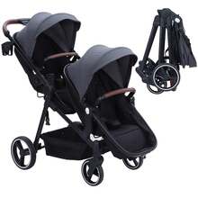Cochecito doble tándem para recién nacidos y niños pequeños, plegable, con asiento reversible, arnés de seguri-dad de 5 puntos, respaldo y capota ajustables, cesta portaobjetos, color gris oscur - Gris Oscuro - Ver 1