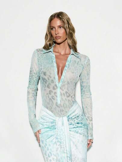 Ensemble robe maxi sexy à imprimé léopard, décolleté plongeant et révélant le ventre