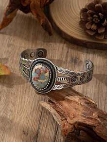 1pc Vintage Bohemian Style Women's Half-Arc Floral Carved Faux Stone Iron Bangle, Suitable For Outfit Matching, Daily And Holiday Wear - Imitation Jade Color - View 2