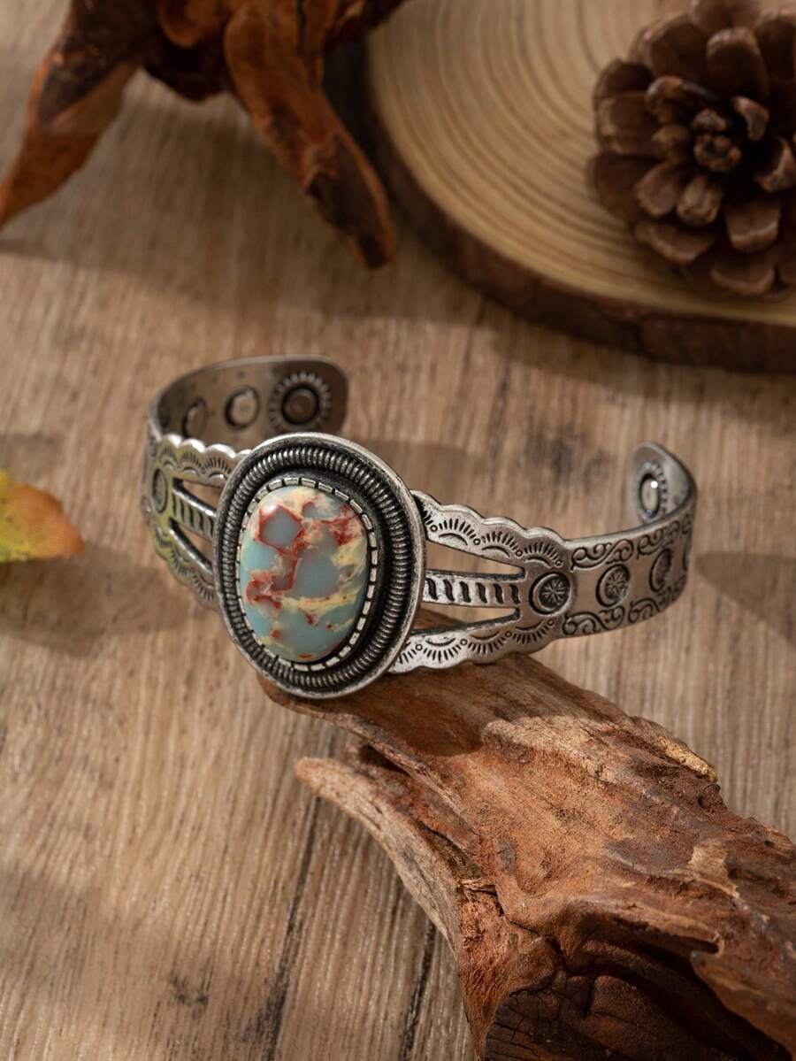 1pc Vintage Bohemian Style Women's Half-Arc Floral Carved Faux Stone Iron Bangle, Suitable For Outfit Matching, Daily And Holiday Wear