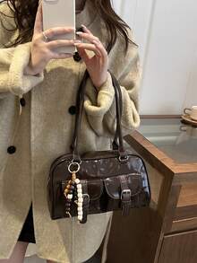 1pc Vintage Minimalist Zipper Tote Bag, Decorated With Pockets, Dual Handles, Suitable For Women's Casual Daily And Commuting Use - Coffee - View 7