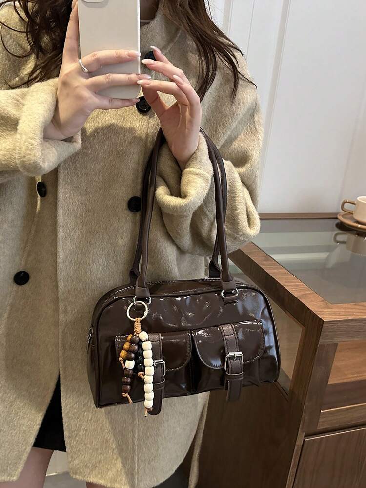 1个复古简约拉链手提包，带口袋，双提手，适合女士日常休闲及通勤使用。 - 咖啡 - 查看 6