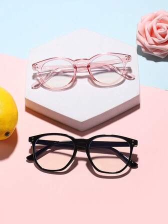 1 Set 2 PCS Youth 12-16Y Acrylic Casual Retro Round Frame Fashion Solid Color Blue Light Blocking Glasses Suitable For Daily Reading And Outfit Matching
