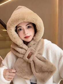 1 peça de gorro e cachecol quente de inverno, gorro tudo em um, chapéu feminino de inverno, acessório de cabelo, adequado para mulheres, protetores de ouvido com forro térmico macio e grosso, gorro de pelúcia listrado, design dobrável, sem elástico, lavável à mão, aquecedor de pescoço cruzado, crie um visual moderno, acessório quente multifuncional para roupas de inverno, presente de Natal