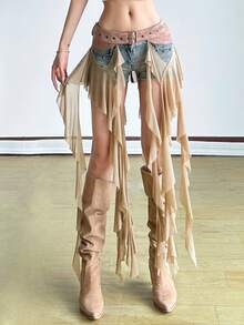 Asymmetrical Waist Tie Decor Women Top - Khaki - View 1