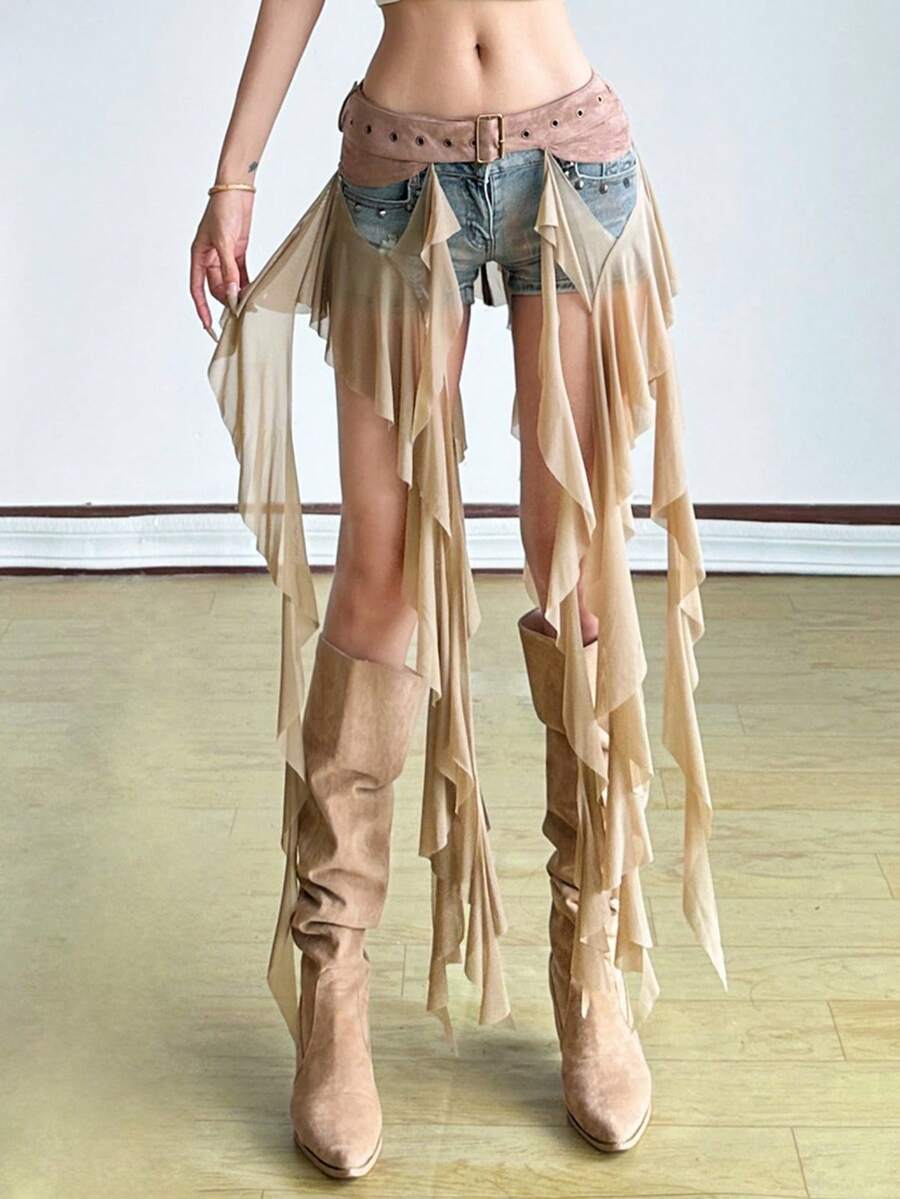 Asymmetrical Waist Tie Decor Women Top - Khaki - View 1