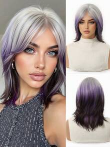 14-Inch Short Mullet Head Wigs With Bangs Synthetic Straight Women Purple Short Hair Wig For Daily Party Cosplay Pixie Cut Wigs For Women With Shaggy Layers And Bangs, Natural Straight Hair, Retro Cosplay Wigs Suitable For Multiple Occasions Universal Fit Perfect For Halloween Suitable For All People - Màu tím ombre - Xem 2