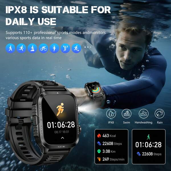 Gawsug Smartwatch per uomo e donna, schermo IPS da 1,96 pollici, funzione torcia, modalità sport multiple, batteria da 880mAh, chiamate e rispsenza filieless, controllo messaggi, registratore di movimento, compatibn iPhone e Android (nero/arancione)