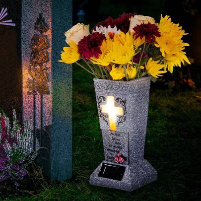 Solar-Powered Cross Cemetery Flowerpot With LED And Spikes, Cemetery Decoration, Cemetery Flower Stand