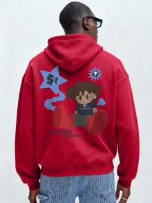 Men's Letter & Cartoon Print Long Sleeve Hoodie With Pocket And Drawstring, Autumn/Winter