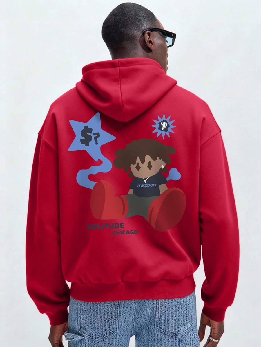 Men's Letter & Cartoon Print Long Sleeve Hoodie With Pocket And Drawstring, Autumn/Winter