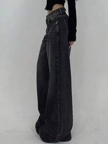 Women's Boyfriend Fit Jeans Loose Vintage Washed Non-Fading Casual Outings Best Seller Pants - màu đen - Xem 3