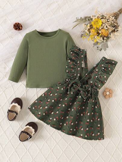 Baby Girls Solid Ribbed Top + Floral Ruffle Bow Decor Dress Set