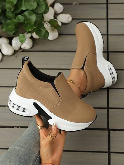 Women's Platform Wedge Sneakers, Slip-On Fabric Design With Elastic Sides, Fashion Versatile Comfortable Lightweight Casual Sports Shoes