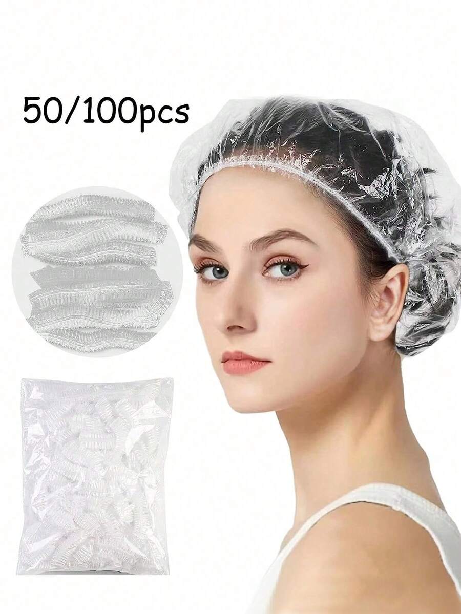 100 Pcs, Universal Large Size, Disposable Shower Caps, Clear, Thickened Waterproof PE Plastic, Elastic Hair Treatment Caps, Professional Spa Salon, Home Hotel Supplies Bulk Set, Deep Conditioning, New Year, Valentine's Day Essential. - White - View 1