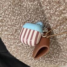 French Minimalist Blue & Brown Striped Earphone Case + Blue Heart Pendant Set, Compatible With Apple Pro3/Pro2/Pro/AirPods4/3/2 Case, Fashionable Earphone Protective Cover - Multicolor - View 9