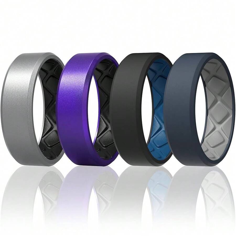 Egnaro Men's Silicone Rings, 7.5mm Wide 2.5mm Thick Rubber Bands For Him, Ergonomic Beveled Edge Two Tone Waterproof Workout Accessories{Inchcolor_nameinch:InchSETR2-Silver/Blackinch,Inchsize_nameinch:InchBlack/ElegantBlueinch} - SETR2-銀色/黑色 - 查看 1