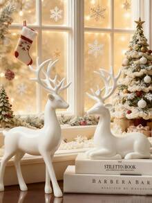 2 pezzi Set di decorazioni natalizie con renne bianche - Eleganti statuette di renne in resina per decorazioni da tavolo e mensole, decorazioni natalizie stagionali con dettagli lavorati in modo raffinato, statue di renne con finitura dorata elegante come regali natalizi must-have, accessori per interni festivi per creare un'atmosfera calda e affascinante per feste di Natale, decorazioni per soggiorno e camera da letto