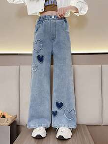 Girls' Light Blue Wide Leg Jeans With Heart Patch, Suitable For 8-15Y, Children Denim Pants, Tween Girl Washed Blue Heart Casual Loose Wide Leg Jeans, Loose Jeans, Girls Fashion Heart Patch Wide Leg Jeans, Elastic Waist, Non-Stretch, Loose & Comfortable Jeans, Streetwear Style For Tween Girls