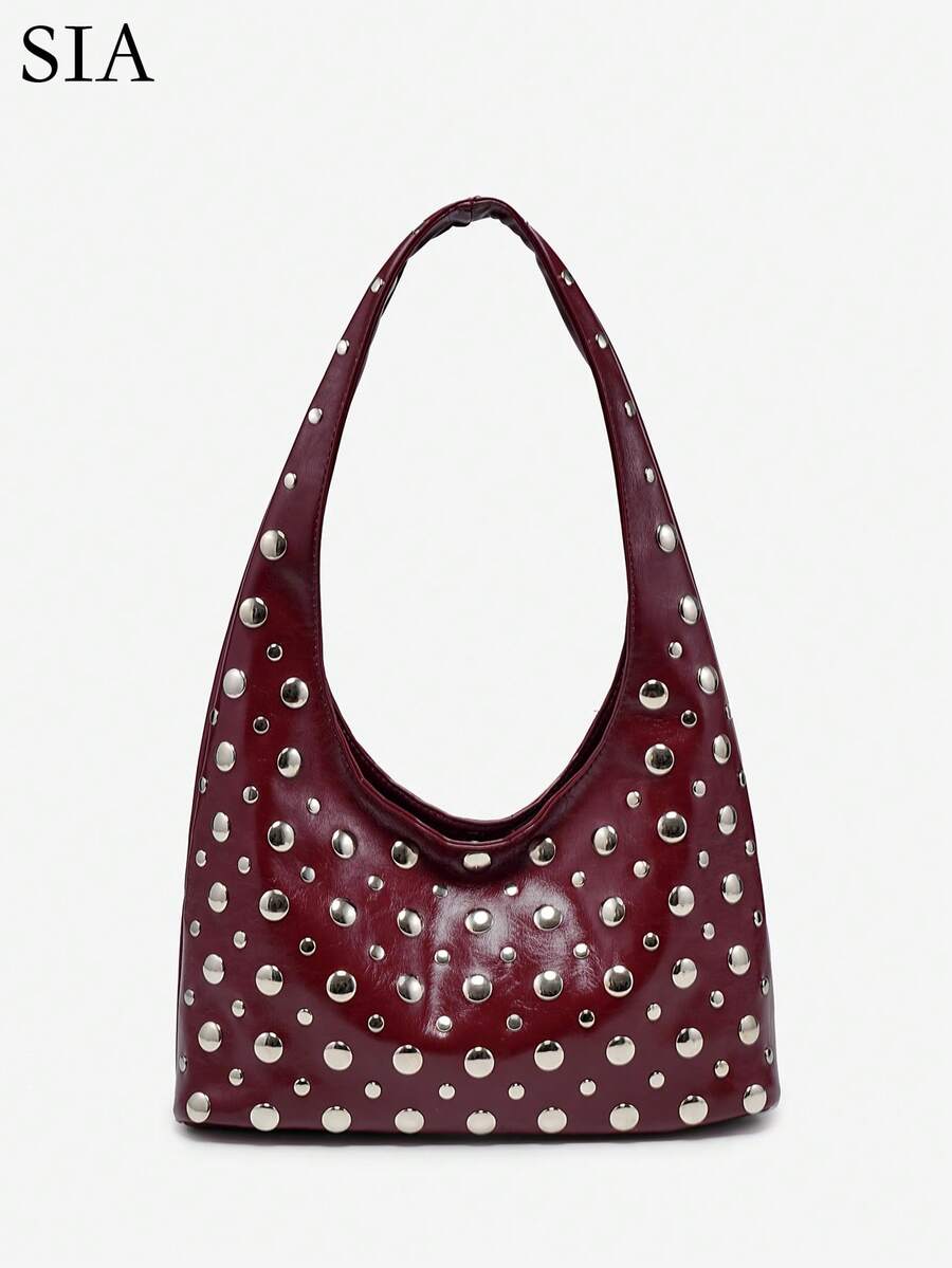 1pc Women's Retro Punk Crescent Moon Shaped Faux Leather Shoulder Bag, Large Capacity, Suitable For Outings, Parties, And Daily Wear , Goth , Punk - Burgundy - View 1