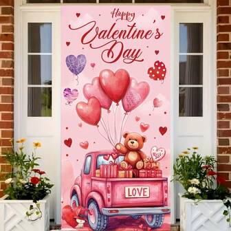 1 件装 2D 平面情人节涤纶横幅，尺寸 72.83 英寸 x 35.43 英寸，心形卡车和泰迪熊图案，多用途室内/室外装饰，营造浪漫庭院氛围，无需电源