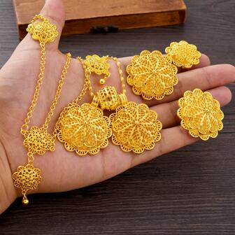 4pcs Golden Color Classic Hollow Flower Pendant Jewelry Set, Earrings, Ring, Necklace, Headchain/Hairpin, Gift For Middle Eastern Gatherings