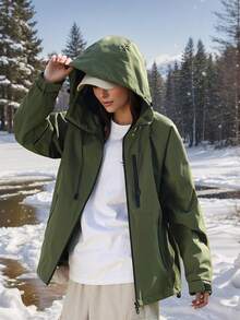 女士连帽防风夹克，带多个拉链口袋，防风保暖，适合秋冬季徒步旅行和远足的户外外套 - 軍綠色 - 查看 7