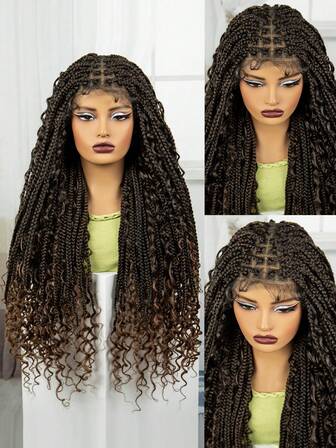 A ANYTIME Boho Box Geflochtene Perücken Lockiges Haar Synthetische Vollspitze Vorderseite Perücken für Frauen Göttin Locs Zopf Perücke Burgund Boho Box Zopf Perücke