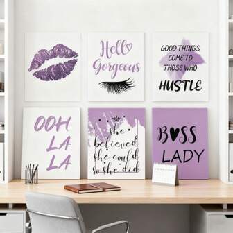 6 Parça Canlı Mor İlham Verici Duvar Sanatı Koleksiyonu - İlham Verici Sözler, Polyester Elyaf Baskılı Posterler, Motive Edici Bir Alan İçin Çerçevesiz Yatak Odası Dekorasyonları