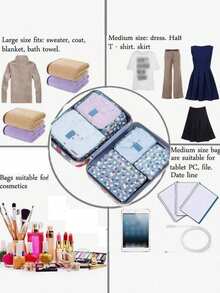 6pcs/Set Travel Luggage Organizer Set - Packing Cubes, Toiletry Bag, Compression Pouches, Garment Bags, Cosmetic Bag, Shoe Bag. Suitable For Cosmetics, Skincare, Makeup, Stationery, Electronics, Holiday Gifts - Blue Flowers - View 4