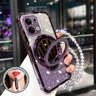 New Phone 16 Four Corner Anti Drop Case+Sparkling Pink Paper Pearl Hanging Rope Sparkling Pink Circular Makeup Mirror Magnetic Bracket Integrated Phone Case Compatible With IPhone 17/6/7/8/X/XS/XR/11/12/13/14/15/16,Galaxy S22/23/24, A04/05/06/A14/A15/A16/A24/A25/A34, Redmi Note 7/8/9/10/11/12/13 ,Redmi 9/10/12/13C,OPPO,MOTO,Honor X,HW,Realme C53 C55