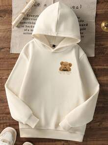 1件少女休闲印花套头卫衣，保暖内衬，长袖，秋冬季学生服装 - 杏色 - 查看 4