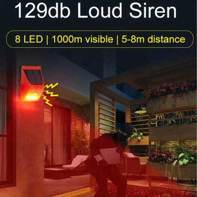 Yoosun Solar Powered Strobe Light With Motion Sensor - 129dB Loud Outdoor Security Siren, Red Flashing, With 1200mAh Rechargeable Solar Battery, For Home, Villa, Yard, Farm Safety, Yoosun